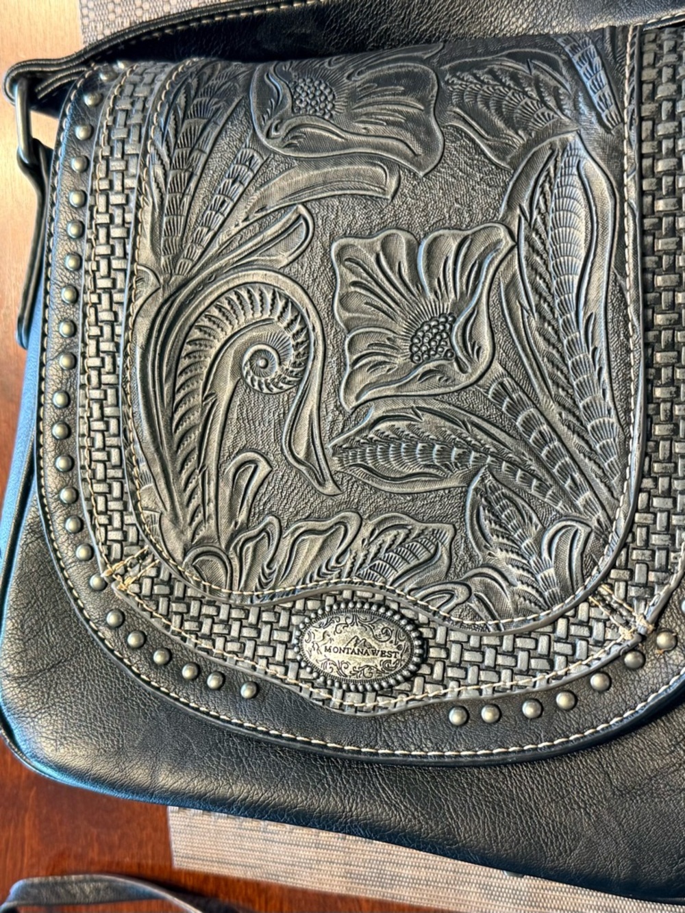 Montana West Black Tooled Floral Crossbody Bag with Stud Accents